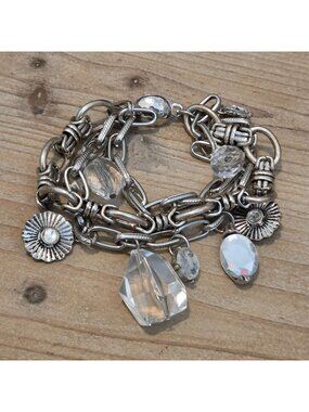 Silver Tone Acrylic Beaded Triple Chain Link Dangling Sunflower Charm Bracelet
